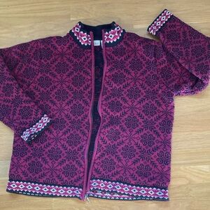 LLBean cotton zip Nordic cardigan in deep berry pink